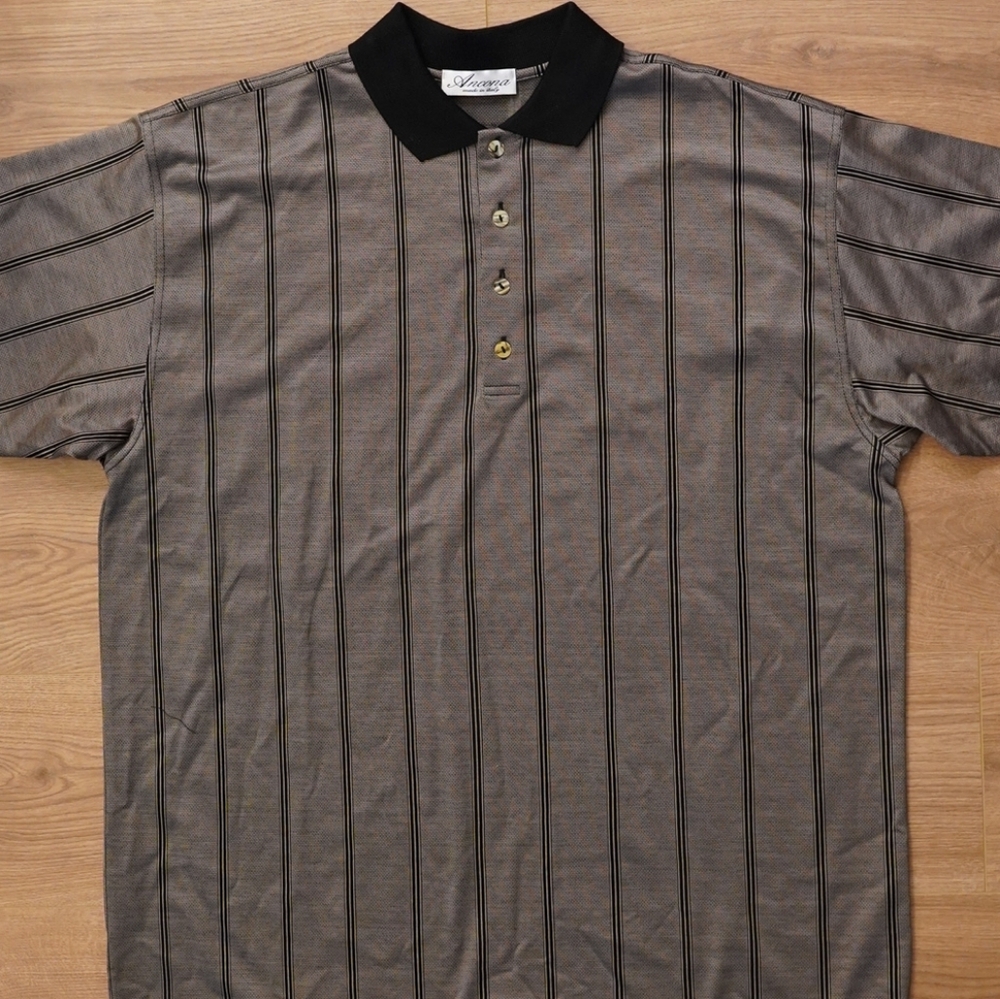Ancona Gray Striped Polo with Black Collar